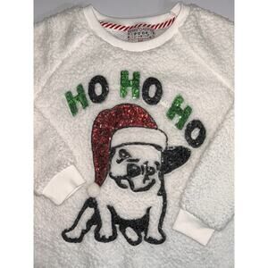 Merry Christmas Poof New York HO HO HO Frenchie Santa Hat White Sweater Medium